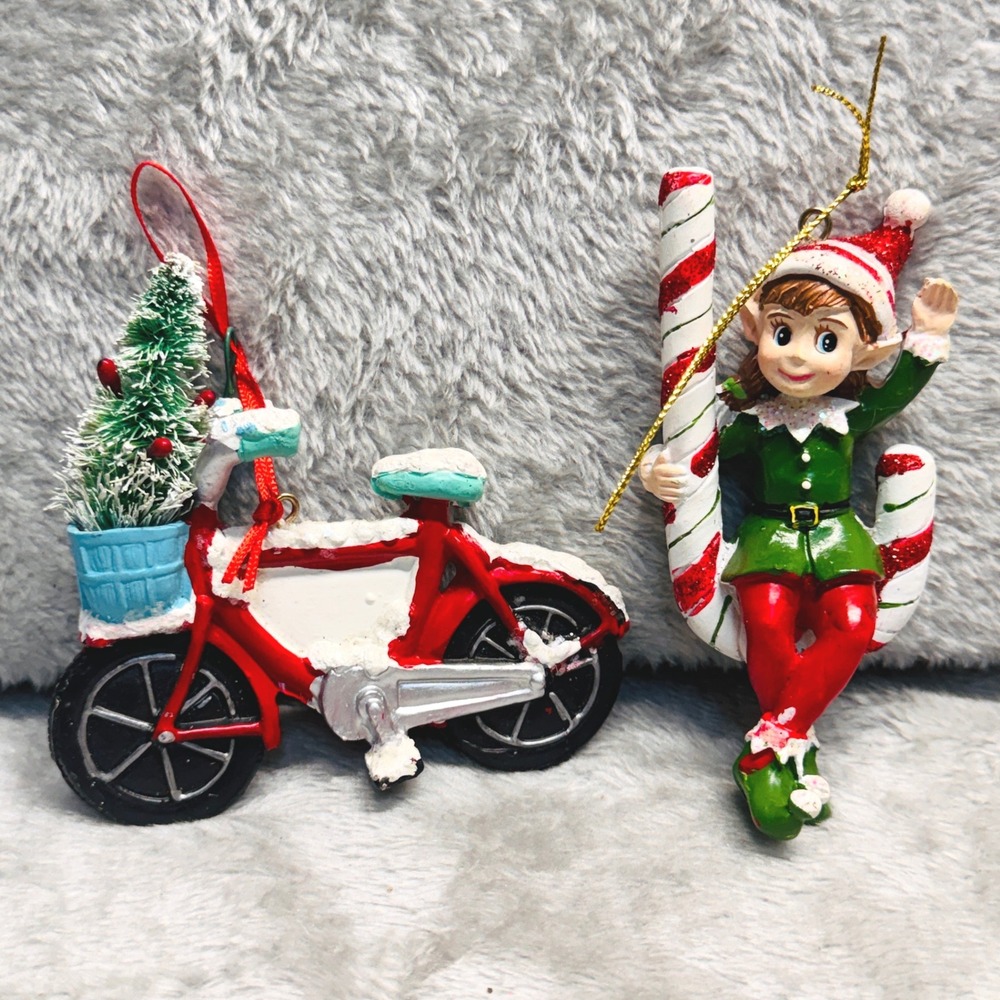 Vintage Christmas Elf on Candy Cane Bicycle Ornament Festive Retro Holiday Decor